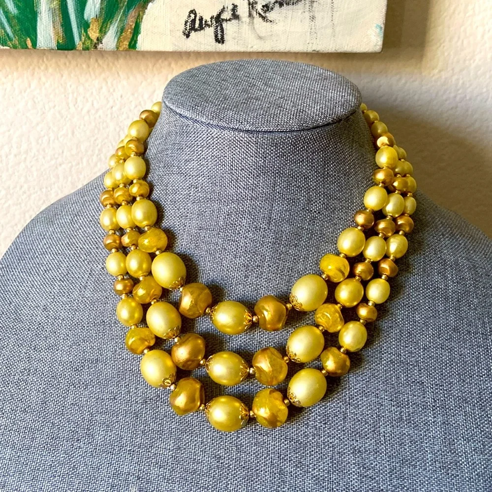 Vintage HONG KONG 3 Strand Yellows & Gold Colors Beaded Necklace